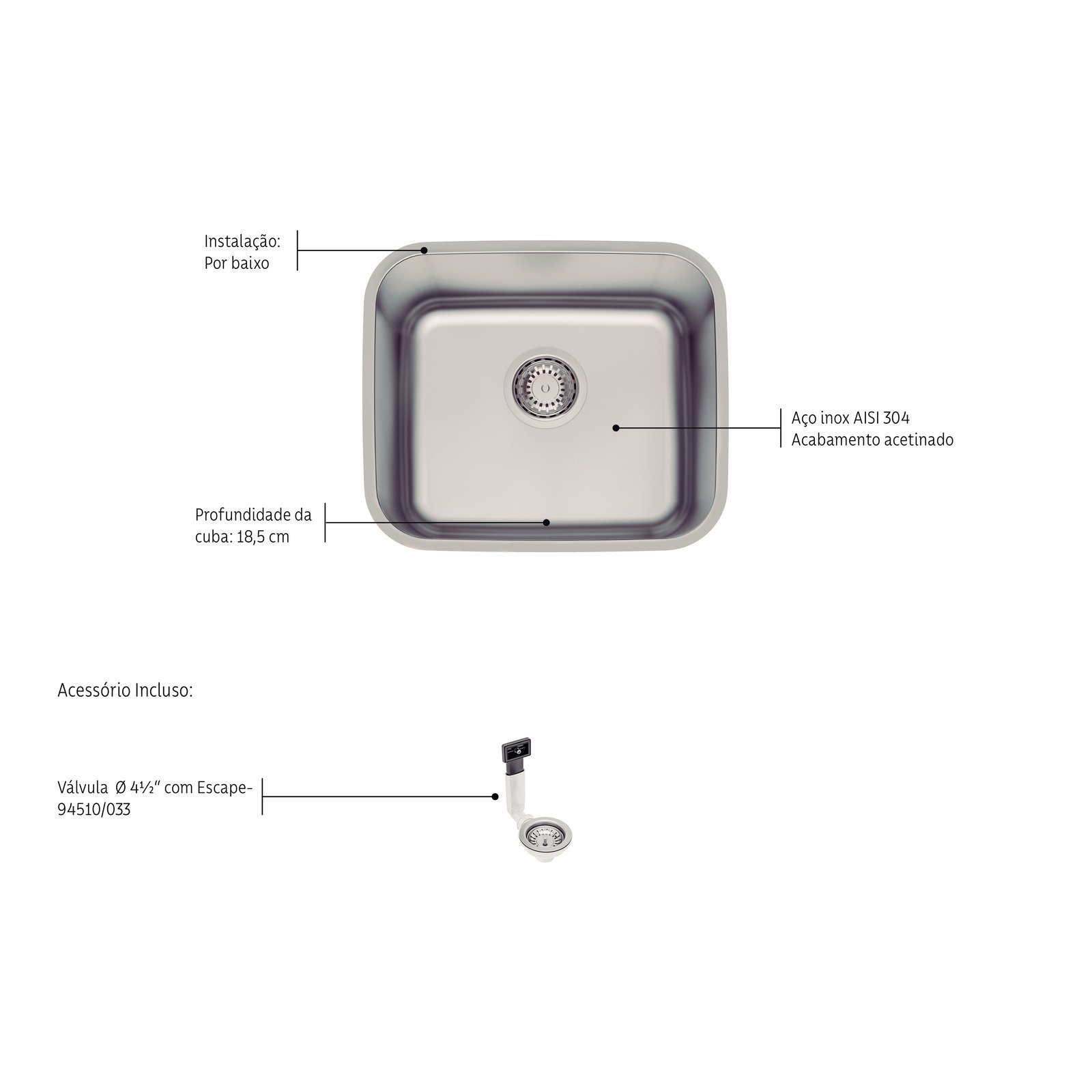 Cuba de Embutir Tramontina Dora 40 Bl R6 em Aço Inox Escovado com Válvula e Escape 40x34 Cm - foto 3