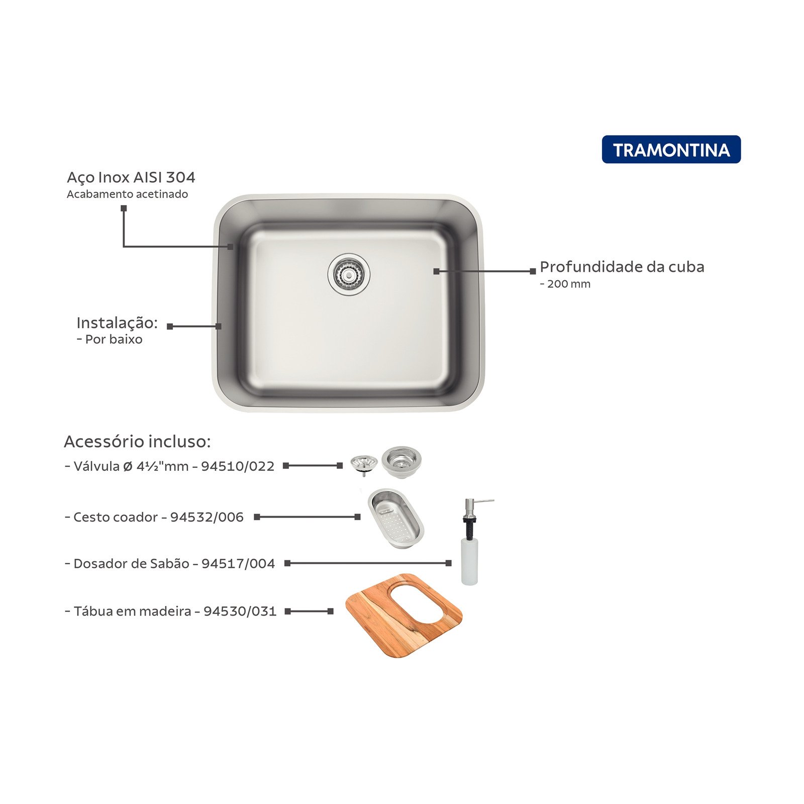 Cuba Tramontina Dora 50 em Aço Inox com Tábua de Madeira Cesto Coador e Dosador de Sabão - foto 3