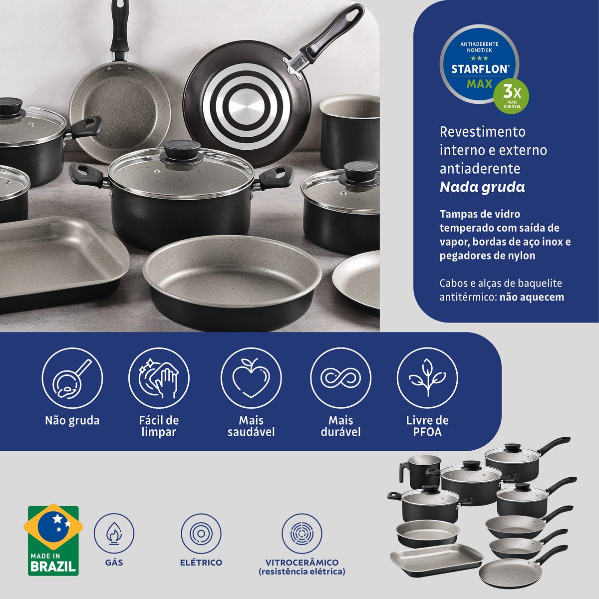Jogo Panelas Tramontina Linz 10 Peças Aluminio Antiaderente Starflon Max Preto - foto 14