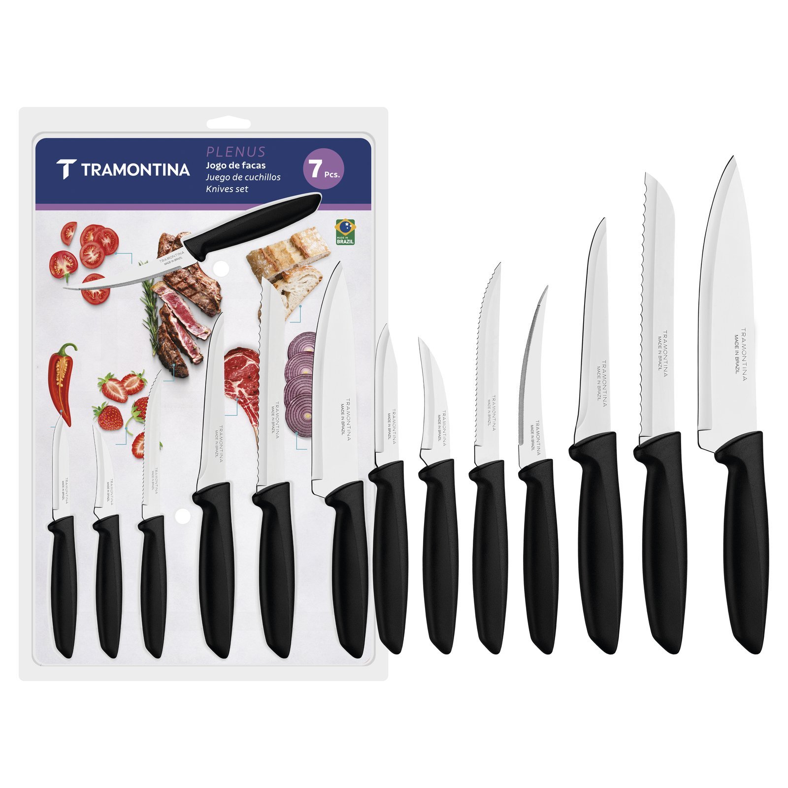 Jogo de Facas Tramontina Plenus com Lâminas em Aço Inox e Cabos de Polipropileno Preto 07 Peças