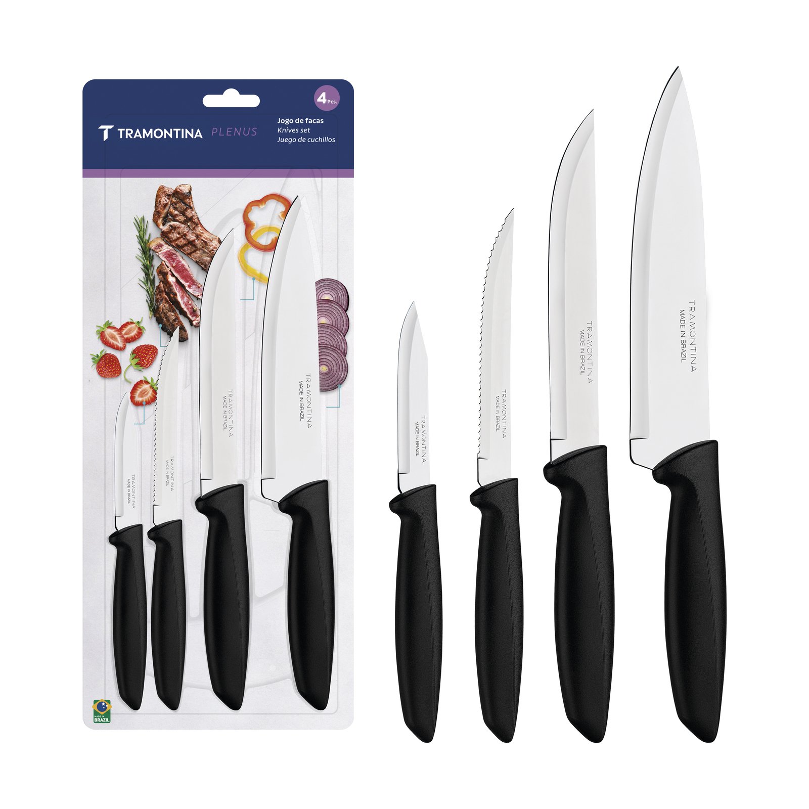 Jogo de Facas Tramontina Plenus com Lâminas em Aço Inox e Cabos de Polipropileno Preto 04 Peças