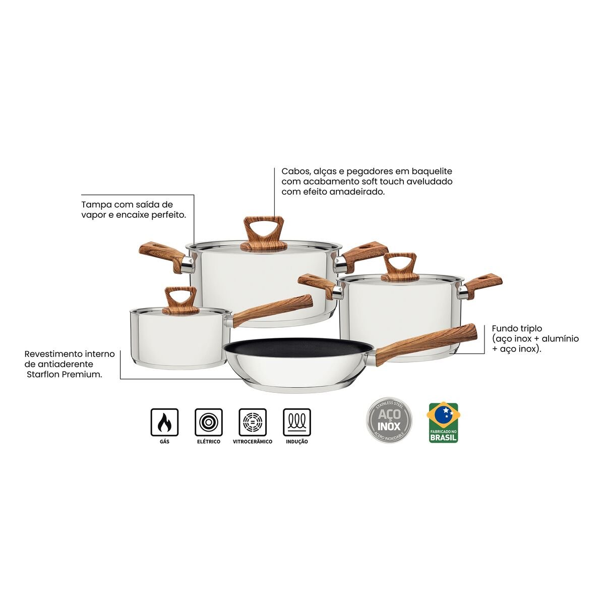 Jogo Panelas Tramontina Brava 4 Peças Aço Inox Antiaderente Cabos Madeira - foto 3