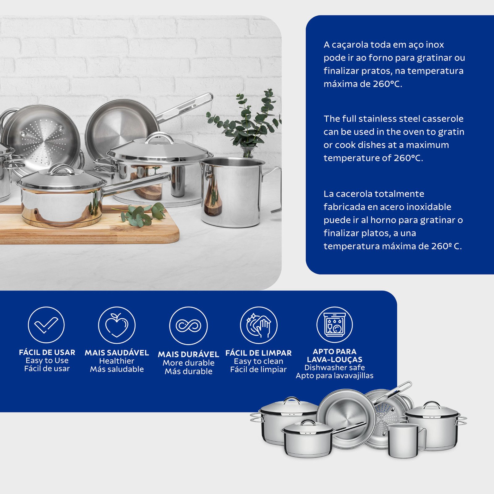 Jogo de Panelas Tramontina Solar em Aço Inox com Fundo Triplo e Tampas de Inox 6 Peças - foto 4