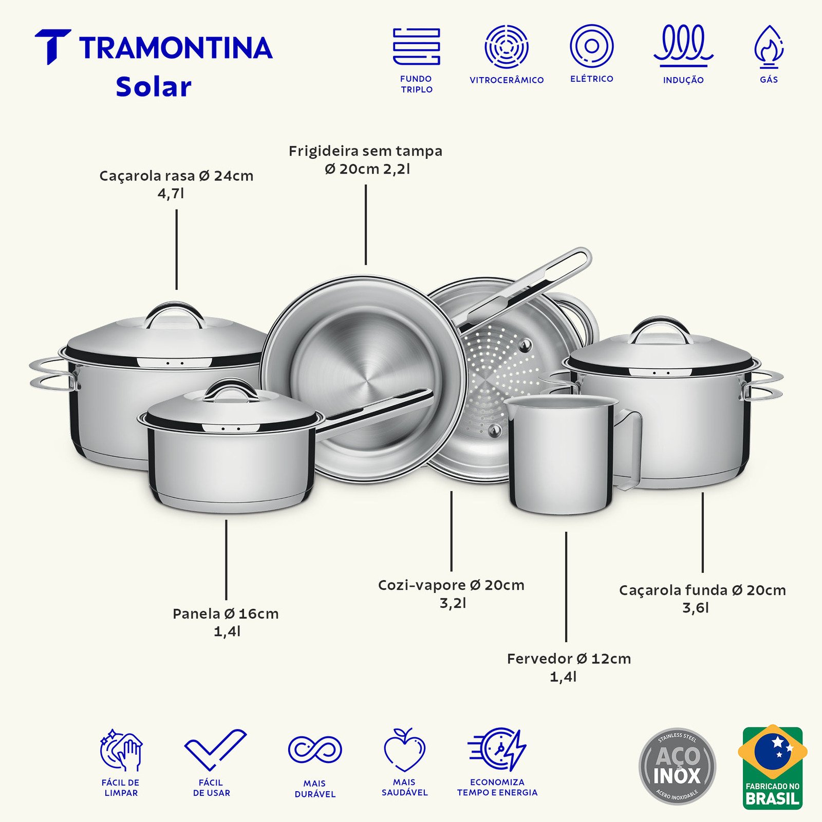 Jogo de Panelas Tramontina Solar em Aço Inox com Fundo Triplo e Tampas de Inox 6 Peças - foto 2