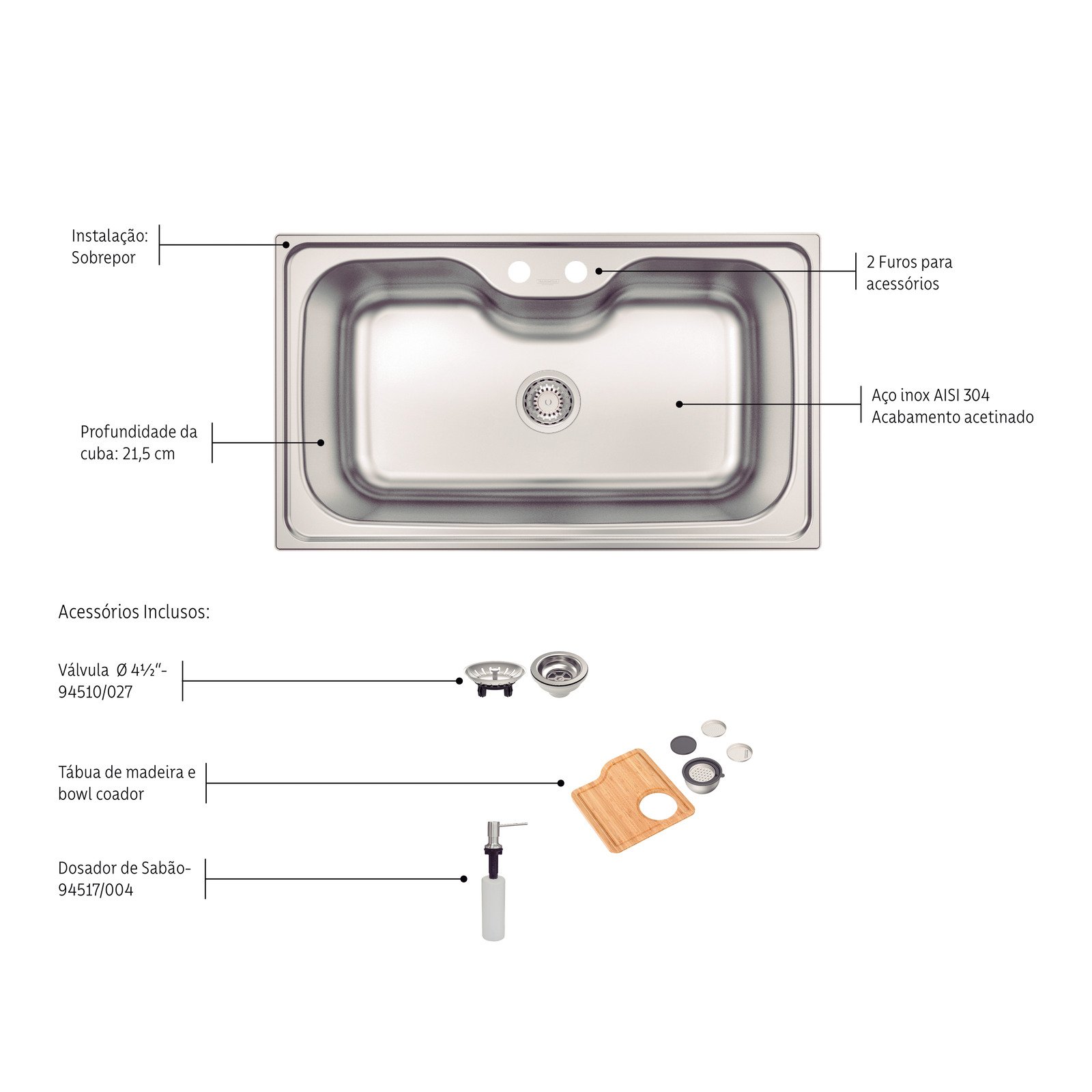 Cuba de Sobrepor Tramontina Morgana Maxi 78 Fx 86 X 50 Cm, em Aço Inox e Acabamento Escovado com Válvula, Dosador de Sabão e Tábua + Bowl Ralador - foto 4