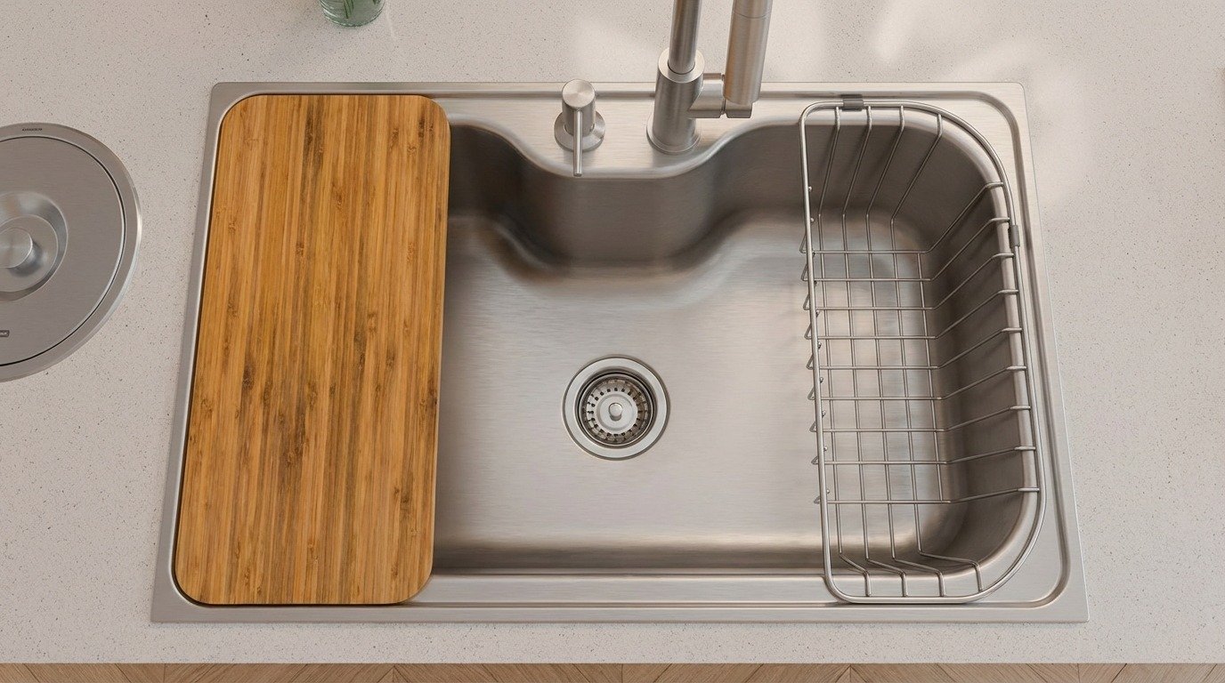 Cuba Tramontina Morgana 60 Fx Undermount em Aço Inox com Lixeira de Embutir 5 L, Tábua de Madeira, Dosador de Sabão, Cesto Aramado e Válvula - foto 8