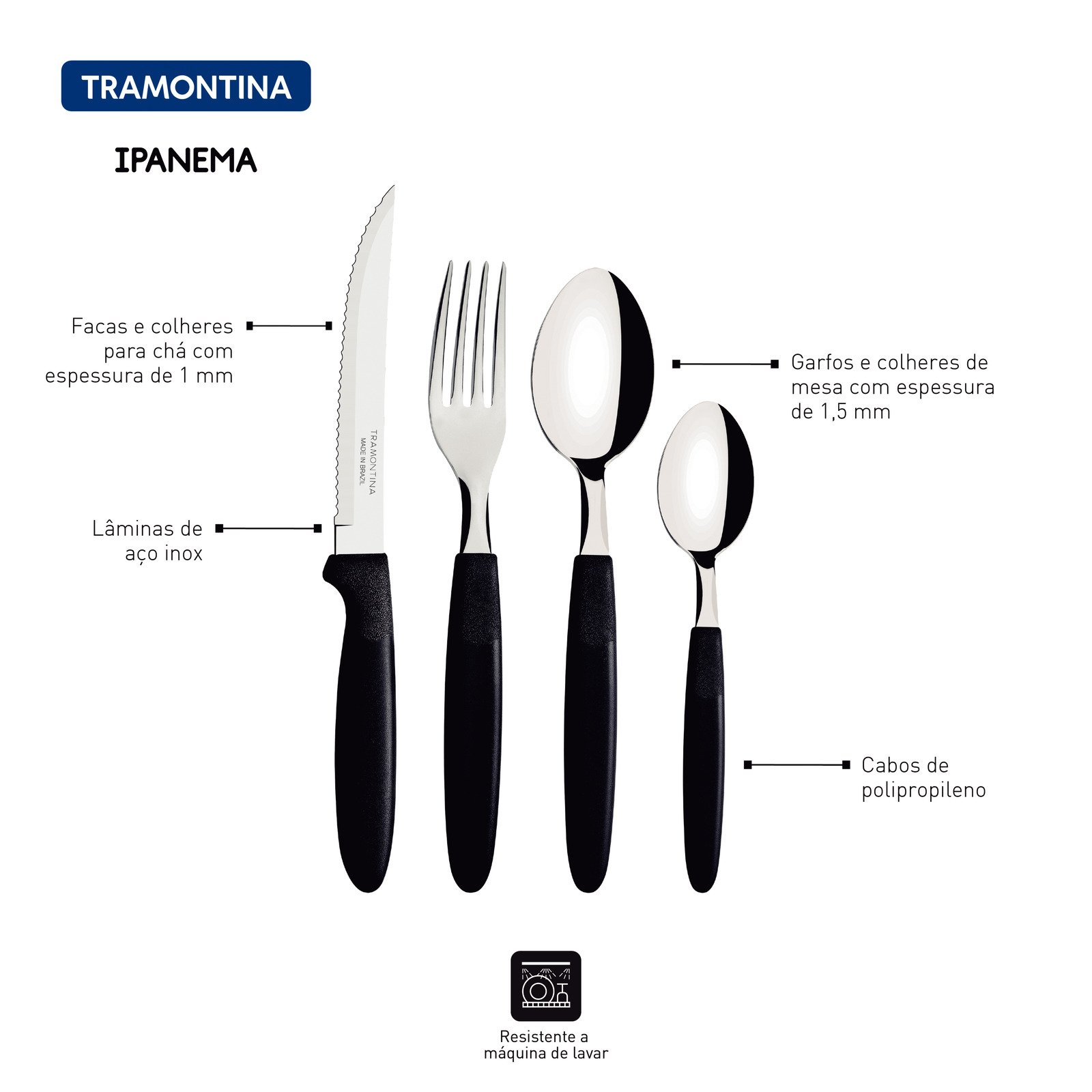 Faqueiro Tramontina Ipanema com Lâminas em Aço Inox e Cabos de Polipropileno Preto com Pote Plástico 24 Peças - foto 3
