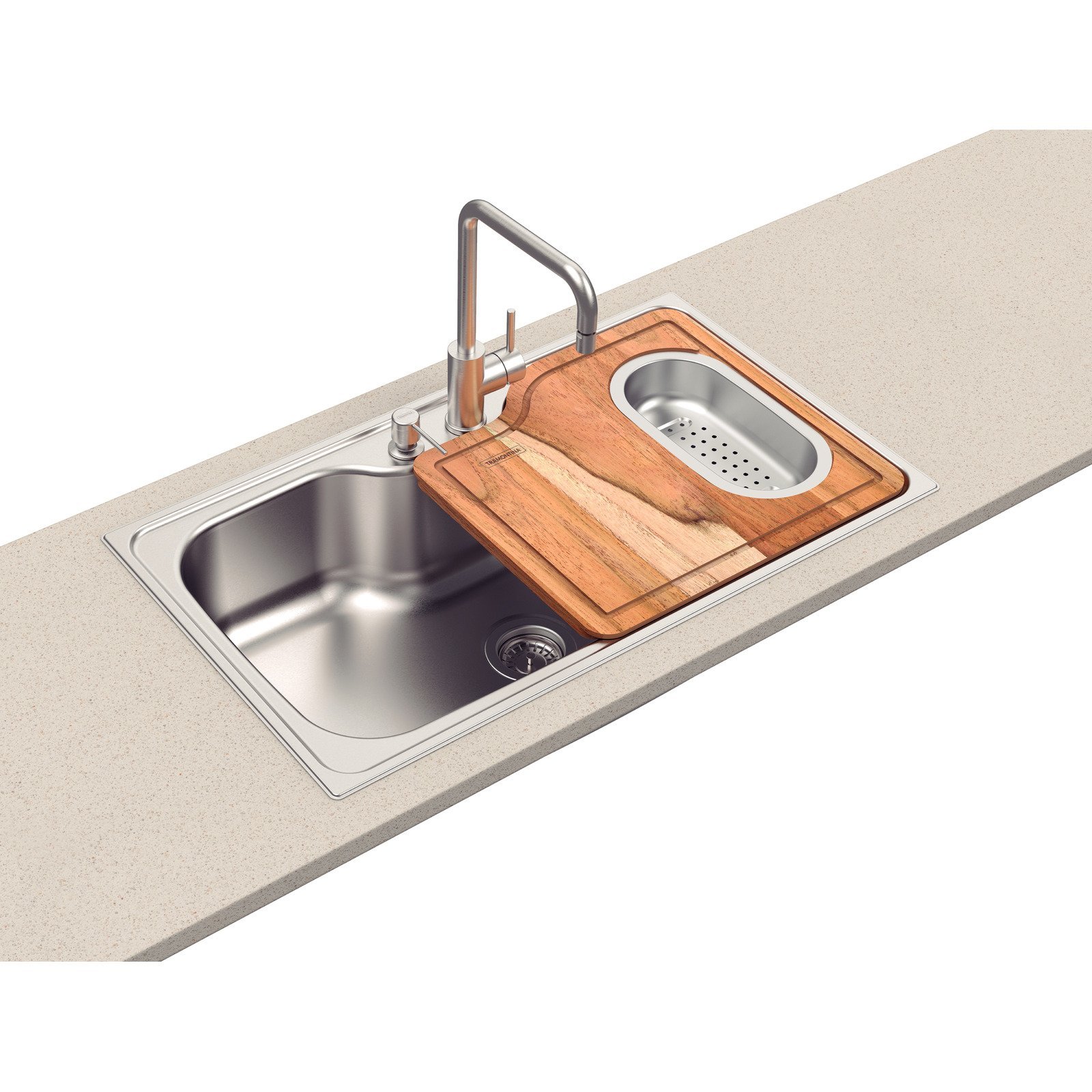 Cuba de Sobrepor Tramontina Morgana Maxi 78 Fx em Aço Inox com Acabamento Escovado com Válvula Dosador de Sabão Tábua e Cesto Coador 86x50 Cm - foto 2