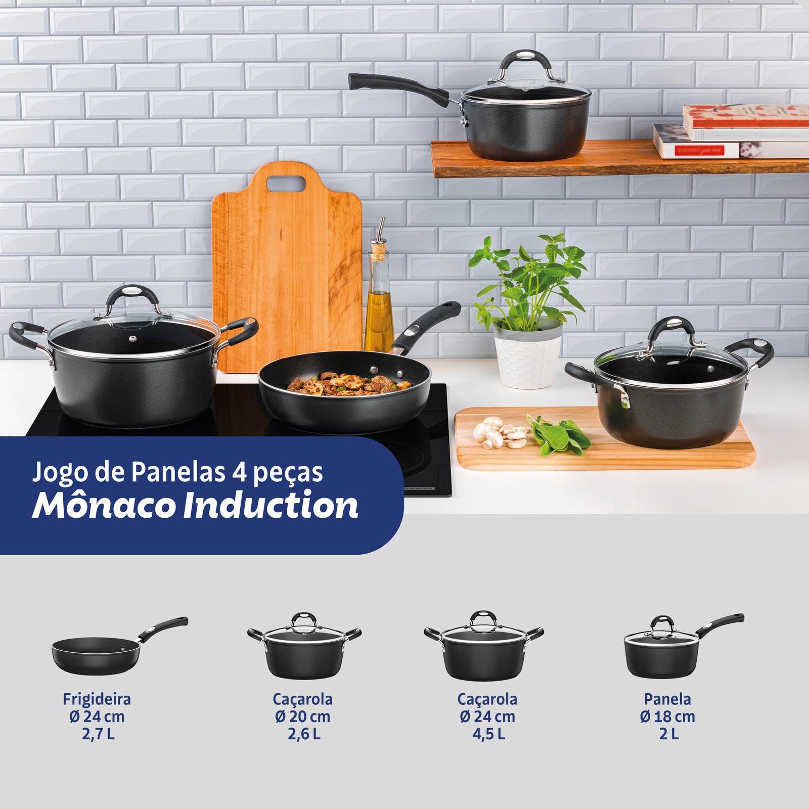 Jogo de Panelas Tramontina Mônaco Induction em Alumínio com Revestimento Interno e Externo Antiaderente Starflon Premium Preto 4 Peças - foto 4