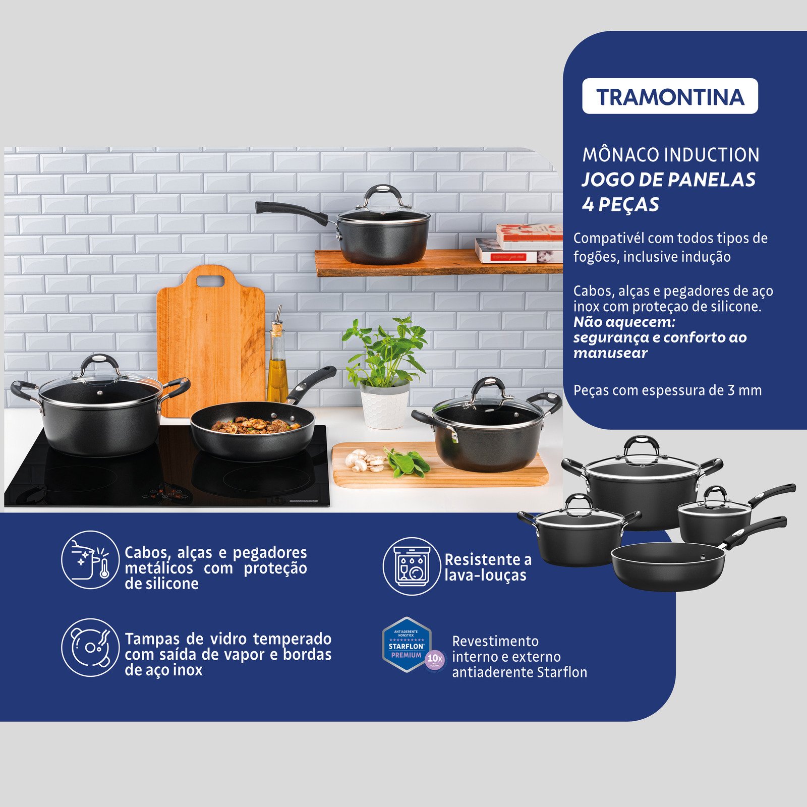 Jogo de Panelas Tramontina Mônaco Induction em Alumínio com Revestimento Interno e Externo Antiaderente Starflon Premium Preto 4 Peças - foto 3