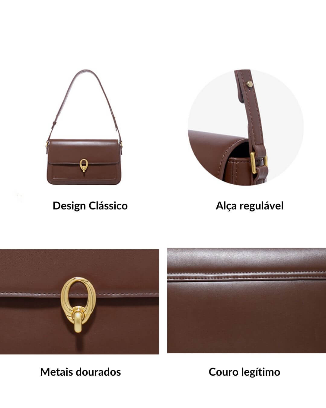 Detalhes da Bolsa feminina de couro, estilo retrô, com detalhes em ferragens douradas e alça ajustável, design clasico, alça regulavel, fecho de trava e couro de qualidade