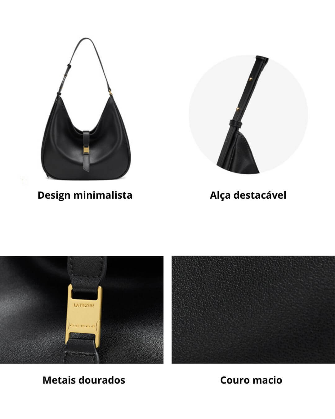 Bolsa hobo feminina preta em couro, alça única, detalhe de fivela dourada.