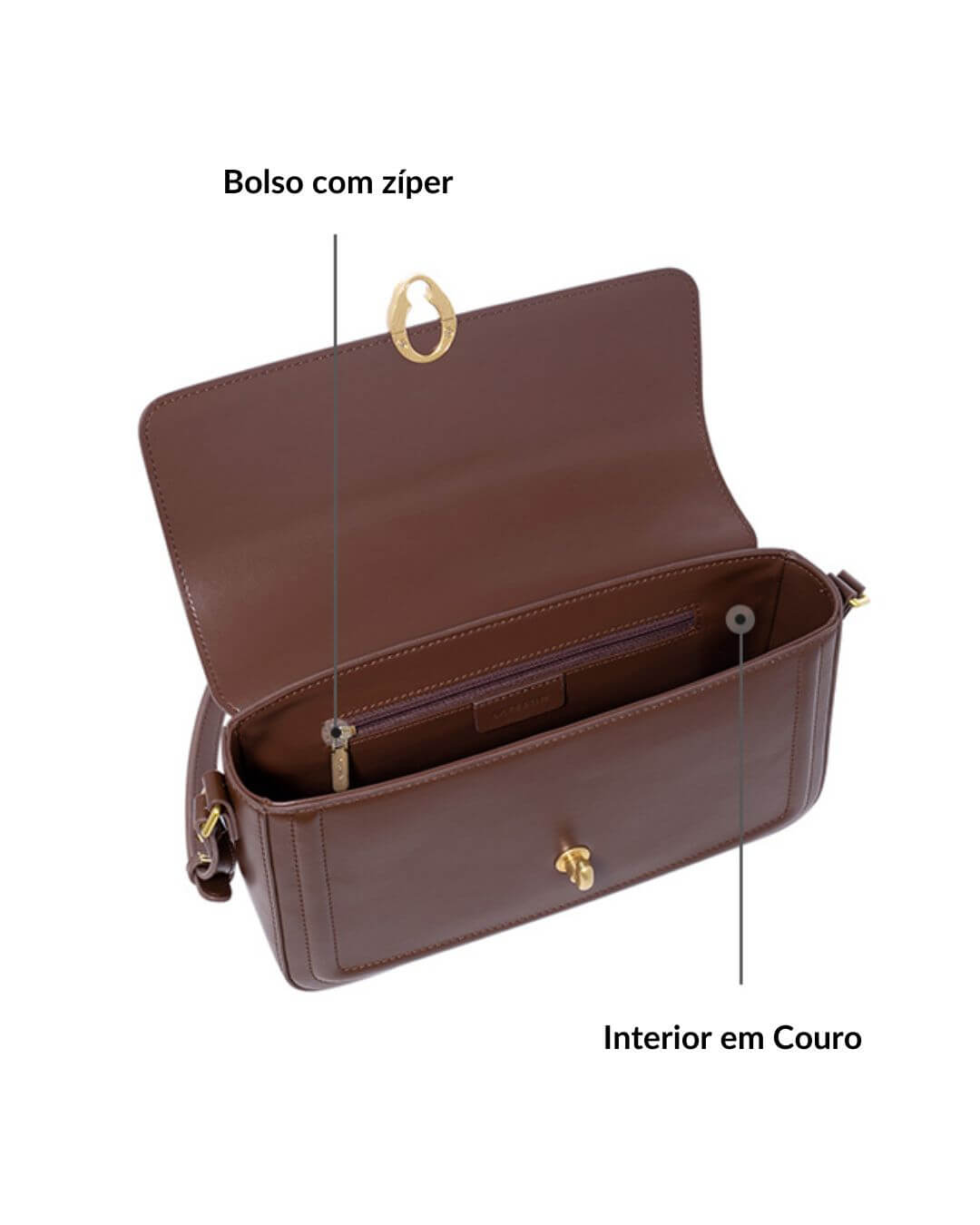 parte interna da Bolsa feminina de couro, estilo retrô, com detalhes em ferragens douradas e alça ajustável, bolso interno com ziper e interior em couro