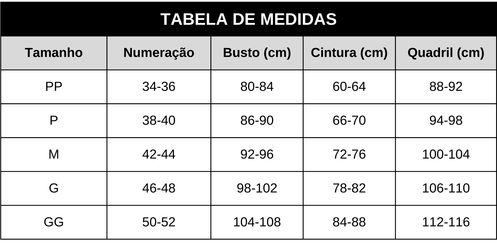 Tabela de Medidas