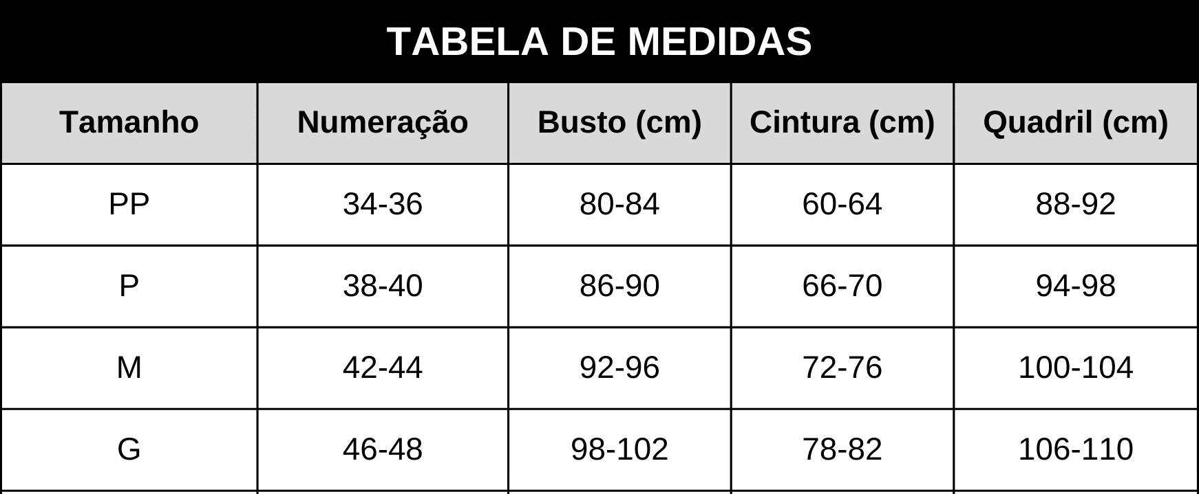 Tabela de Medidas