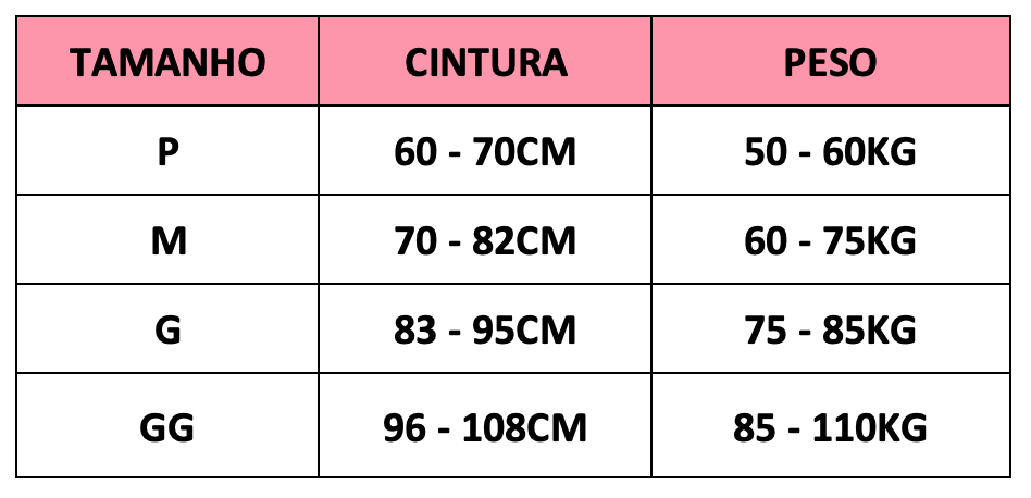 tabela de medidas cinta modeladora body slim