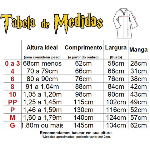 Tabela de Medidas Capas Harry Potter WGS Geek